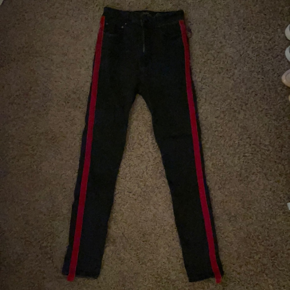 black denim jeans with red velvet stripes on side from zara!